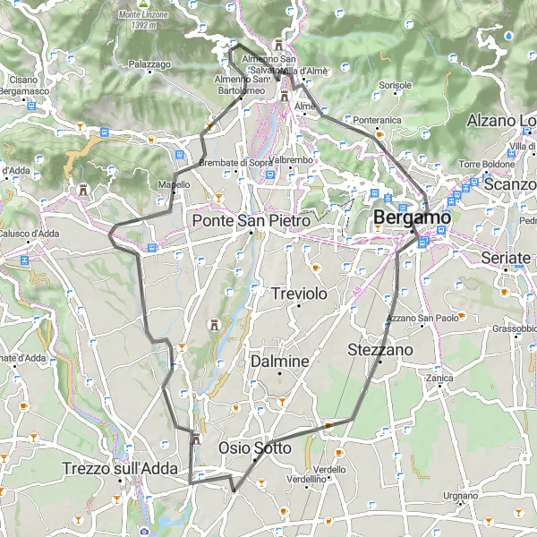 Kartminiatyr av "Boltiere til Bergamo Road Cycling Route" sykkelinspirasjon i Lombardia, Italy. Generert av Tarmacs.app sykkelrutoplanlegger