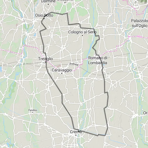 Miniatuurkaart van de fietsinspiratie "89 km lange route langs historische stadjes" in Lombardia, Italy. Gemaakt door de Tarmacs.app fietsrouteplanner