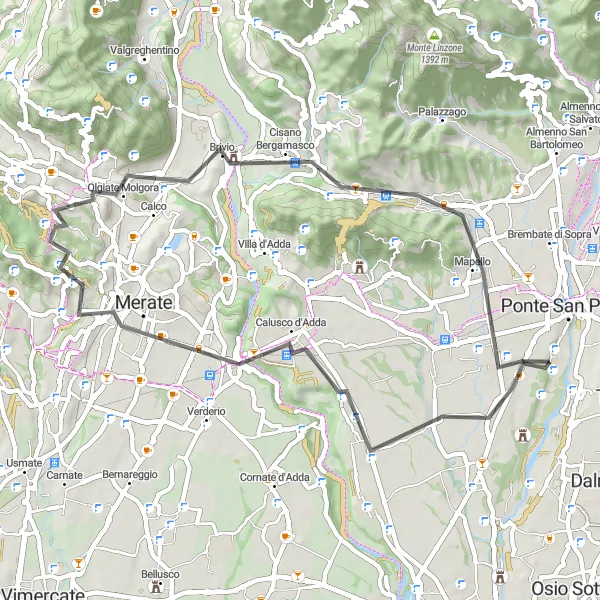 Miniatura della mappa di ispirazione al ciclismo "Giro in bici da Bonate Sopra a Solza" nella regione di Lombardia, Italy. Generata da Tarmacs.app, pianificatore di rotte ciclistiche