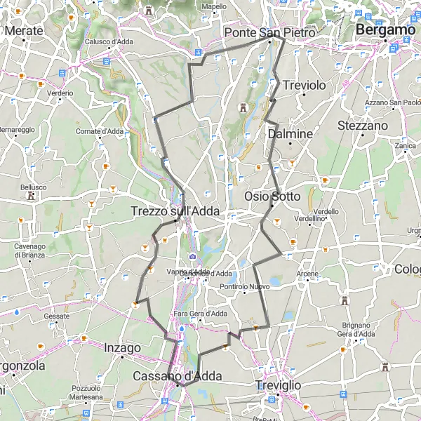 Karttaminiaatyyri "Cassano d'Adda - Trezzo sull'Adda - Chignolo d'Isola - Castel del Ciacio - Road cycling loop" pyöräilyinspiraatiosta alueella Lombardia, Italy. Luotu Tarmacs.app pyöräilyreittisuunnittelijalla