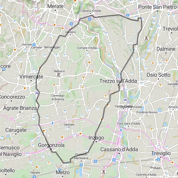 Miniatuurkaart van de fietsinspiratie "Ontdekking van Trezzo sull'Adda en Caponago" in Lombardia, Italy. Gemaakt door de Tarmacs.app fietsrouteplanner