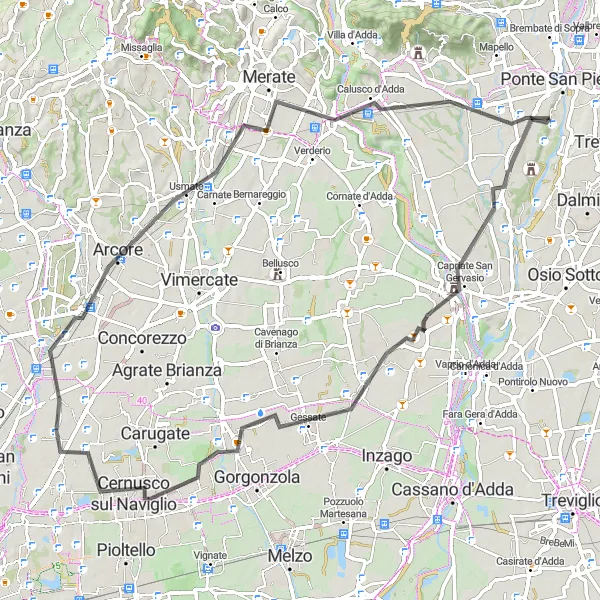 Karttaminiaatyyri "Basiano - Monza - Monte Robbio - Calusco d'Adda - Bonate Sopra - Road cycling route" pyöräilyinspiraatiosta alueella Lombardia, Italy. Luotu Tarmacs.app pyöräilyreittisuunnittelijalla