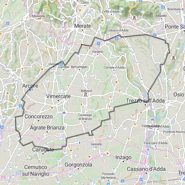 Miniaturní mapa "Cyklotrasa kolem Bonate Sotto přes Trezzo sull'Adda a Bonate Sopra" inspirace pro cyklisty v oblasti Lombardia, Italy. Vytvořeno pomocí plánovače tras Tarmacs.app