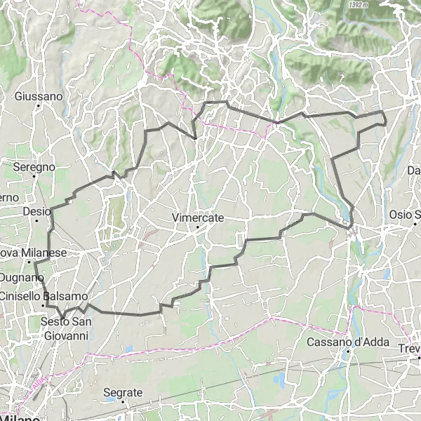 Miniaturní mapa "Okružní cesta kolem Bonate Sotto přes Trezzo sull'Adda a Calusco d'Adda" inspirace pro cyklisty v oblasti Lombardia, Italy. Vytvořeno pomocí plánovače tras Tarmacs.app
