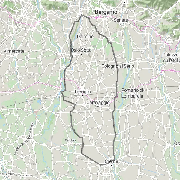 Mapa miniatúra "Výlet k Arzago d'Adda a Brembate" cyklistická inšpirácia v Lombardia, Italy. Vygenerované cyklistickým plánovačom trás Tarmacs.app