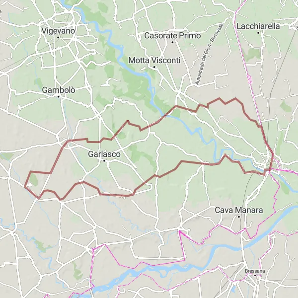 Kartminiatyr av "Grusvägscykling runt Borgarello och Pavia" cykelinspiration i Lombardia, Italy. Genererad av Tarmacs.app cykelruttplanerare