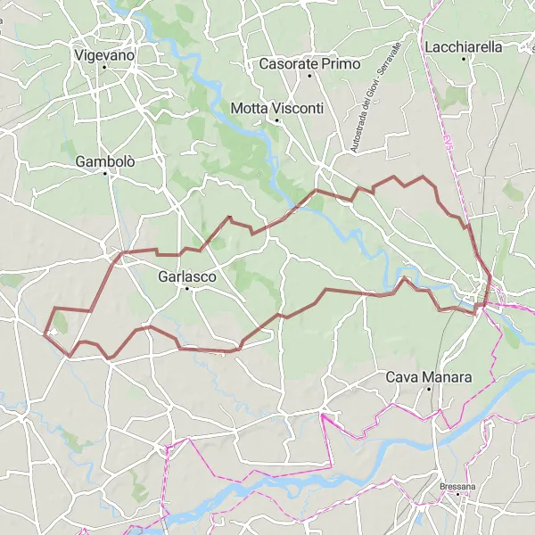 Miniatura della mappa di ispirazione al ciclismo "Avventuroso Percorso Gravel da Borgarello a Tromello" nella regione di Lombardia, Italy. Generata da Tarmacs.app, pianificatore di rotte ciclistiche