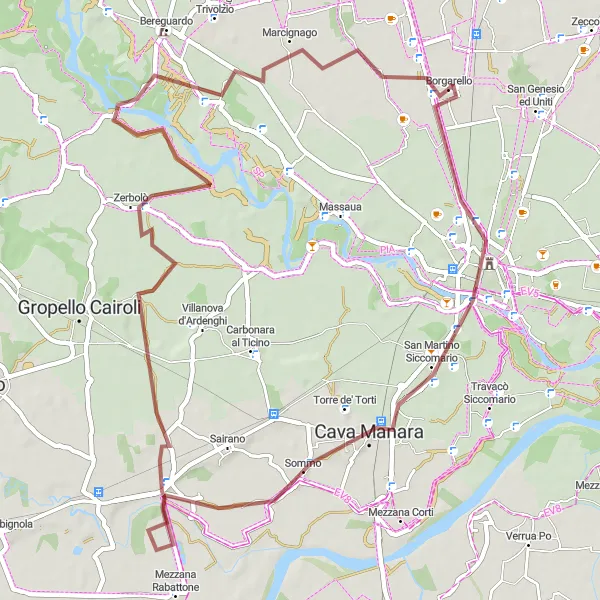 Mapa miniatúra "Gravel bike route from Borgarello to Torre del Mangano" cyklistická inšpirácia v Lombardia, Italy. Vygenerované cyklistickým plánovačom trás Tarmacs.app