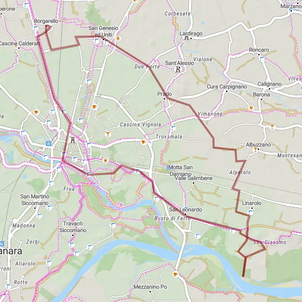 Miniatura della mappa di ispirazione al ciclismo "Rotta ciclabile da Borgarello a Linarolo e Pavia" nella regione di Lombardia, Italy. Generata da Tarmacs.app, pianificatore di rotte ciclistiche