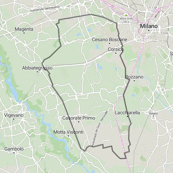 Zemljevid v pomanjšavi "Potovanje s kolesom z začetkom v Borgarellu" kolesarske inspiracije v Lombardia, Italy. Generirano z načrtovalcem kolesarskih poti Tarmacs.app