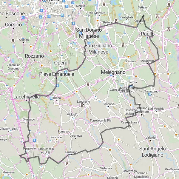 Miniatura della mappa di ispirazione al ciclismo "Giro in bicicletta da Borgarello" nella regione di Lombardia, Italy. Generata da Tarmacs.app, pianificatore di rotte ciclistiche