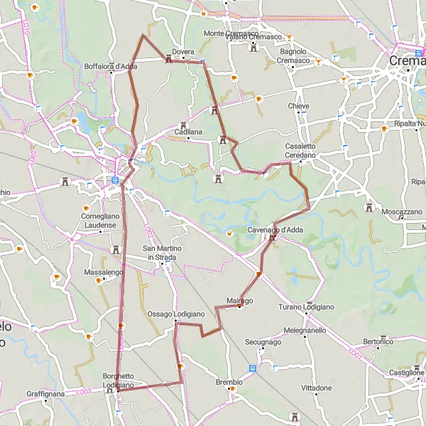 Miniatura della mappa di ispirazione al ciclismo "Tra sterrato e natura: il giro dei laghi lodigiani" nella regione di Lombardia, Italy. Generata da Tarmacs.app, pianificatore di rotte ciclistiche