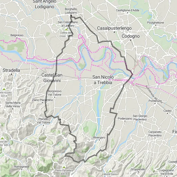 Miniature de la carte de l'inspiration cycliste "Le Tour des Collines de Lodigiana" dans la Lombardia, Italy. Générée par le planificateur d'itinéraire cycliste Tarmacs.app
