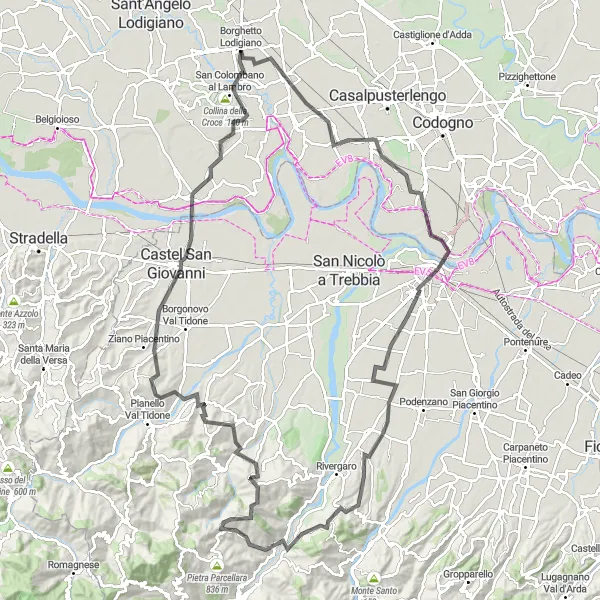 Karttaminiaatyyri "Pyöräily Borghetton läheisyydestä: Livragan kautta Badia Paveseen" pyöräilyinspiraatiosta alueella Lombardia, Italy. Luotu Tarmacs.app pyöräilyreittisuunnittelijalla