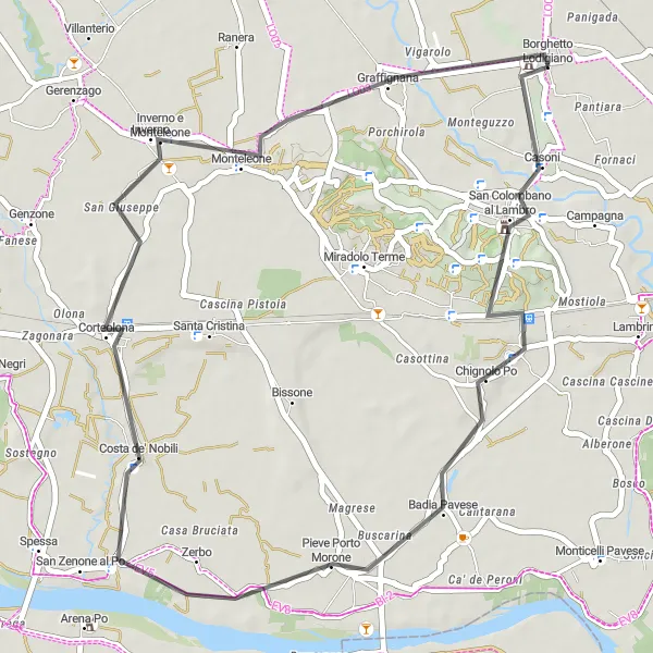 Miniatura della mappa di ispirazione al ciclismo "Escursione ciclistica da Borghetto Lodigiano a Graffignana" nella regione di Lombardia, Italy. Generata da Tarmacs.app, pianificatore di rotte ciclistiche