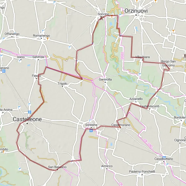 Map miniature of "Gravel Adventure near Casalmorano" cycling inspiration in Lombardia, Italy. Generated by Tarmacs.app cycling route planner