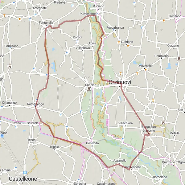 Miniatua del mapa de inspiración ciclista "Ruta de Grava por Castelvisconti y Orzinuovi" en Lombardia, Italy. Generado por Tarmacs.app planificador de rutas ciclistas