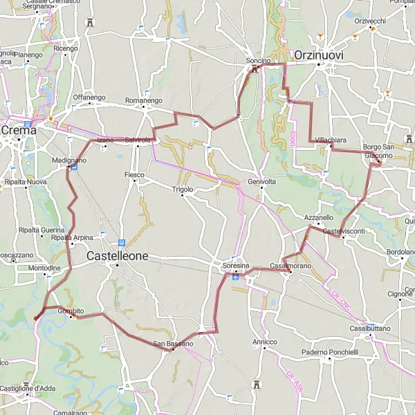 Miniature de la carte de l'inspiration cycliste "Parcours gravel à travers Gombito et Madignano" dans la Lombardia, Italy. Générée par le planificateur d'itinéraire cycliste Tarmacs.app