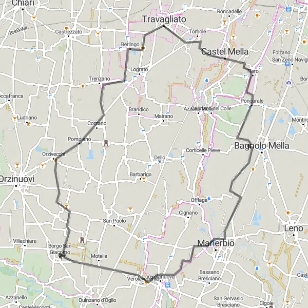 Miniatura della mappa di ispirazione al ciclismo "Tour ciclistico da Borgo San Giacomo a Manerbio" nella regione di Lombardia, Italy. Generata da Tarmacs.app, pianificatore di rotte ciclistiche
