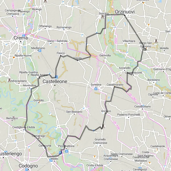 Zemljevid v pomanjšavi "Kolesarska tura ob reki Addi" kolesarske inspiracije v Lombardia, Italy. Generirano z načrtovalcem kolesarskih poti Tarmacs.app
