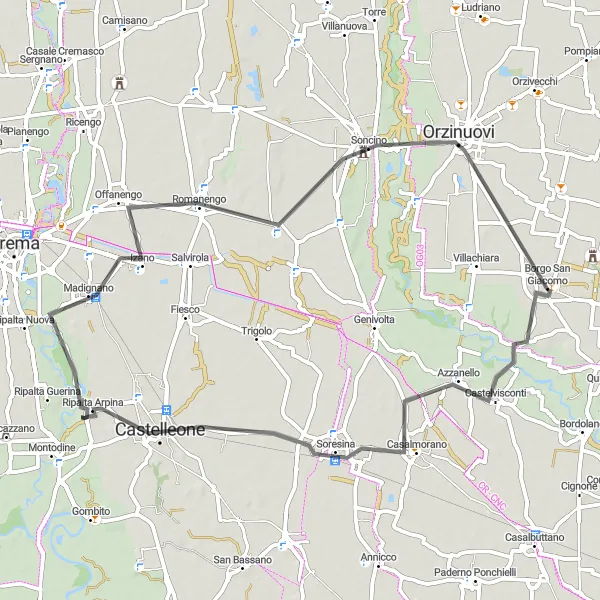 Mapa miniatúra "Okolo Lombardie: Z Castelvisconti do Rocca Sforzesca" cyklistická inšpirácia v Lombardia, Italy. Vygenerované cyklistickým plánovačom trás Tarmacs.app