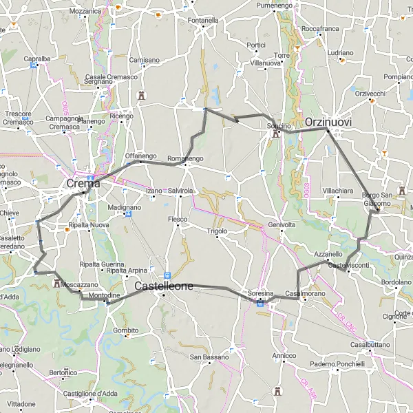 Miniatua del mapa de inspiración ciclista "Ruta en Carretera por Castelvisconti y Soncino" en Lombardia, Italy. Generado por Tarmacs.app planificador de rutas ciclistas
