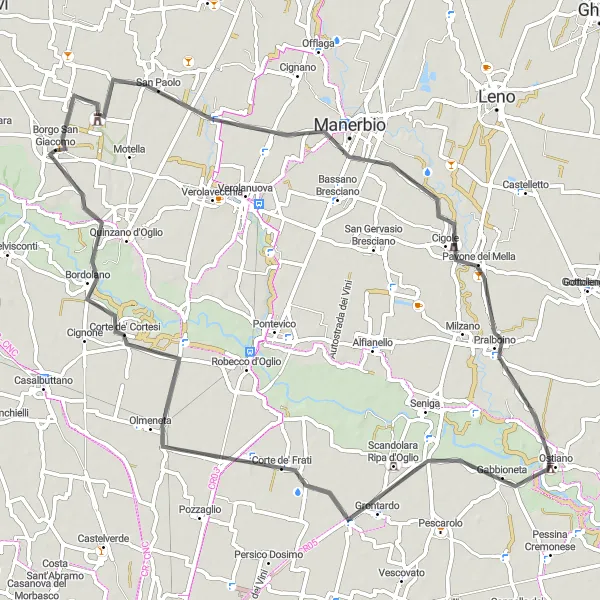 Miniaturní mapa "Okružní cyklistická trasa kolem Borgo San Giacomo" inspirace pro cyklisty v oblasti Lombardia, Italy. Vytvořeno pomocí plánovače tras Tarmacs.app