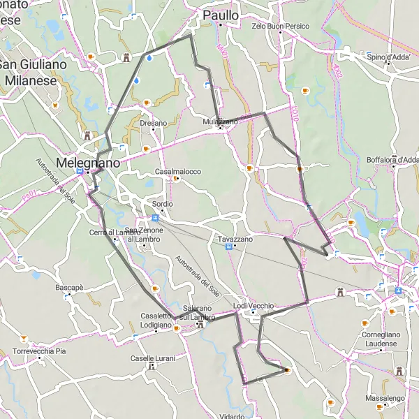 Mapa miniatúra "Cestná trasa cez Salerano sul Lambro a Melegnano" cyklistická inšpirácia v Lombardia, Italy. Vygenerované cyklistickým plánovačom trás Tarmacs.app