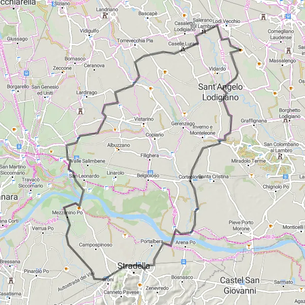 Map miniature of "Discovering Broni and Costa de' Nobili" cycling inspiration in Lombardia, Italy. Generated by Tarmacs.app cycling route planner