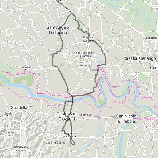 Miniatua del mapa de inspiración ciclista "Ruta de 88 km en Borgo San Giovanni" en Lombardia, Italy. Generado por Tarmacs.app planificador de rutas ciclistas