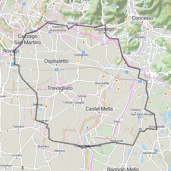 Mapa miniatúra "Cyklistická trasa okolo Borgosatollo" cyklistická inšpirácia v Lombardia, Italy. Vygenerované cyklistickým plánovačom trás Tarmacs.app