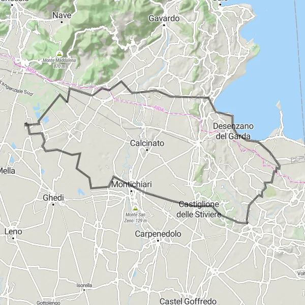 Miniatura della mappa di ispirazione al ciclismo "Giro in bicicletta da Borgosatollo a Montichiari" nella regione di Lombardia, Italy. Generata da Tarmacs.app, pianificatore di rotte ciclistiche