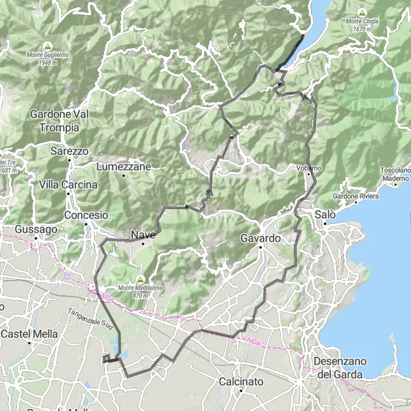 Kartminiatyr av "Opplev Monte Canale og Roè Volciano på denne utfordrende sykkelruten" sykkelinspirasjon i Lombardia, Italy. Generert av Tarmacs.app sykkelrutoplanlegger