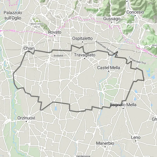 Miniature de la carte de l'inspiration cycliste "Découverte routière de Bagnolo Mella à Folzano" dans la Lombardia, Italy. Générée par le planificateur d'itinéraire cycliste Tarmacs.app