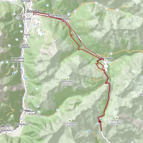 Miniatua del mapa de inspiración ciclista "Recorrido en Grava a través de Monte Gaviola y Santa Caterina" en Lombardia, Italy. Generado por Tarmacs.app planificador de rutas ciclistas