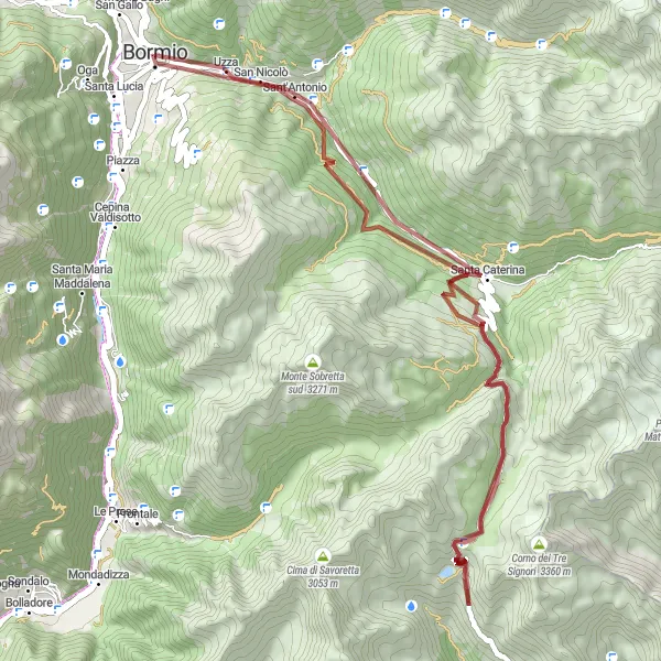 Miniatura della mappa di ispirazione al ciclismo "Esplorazione in gravel tra Bormio e Santa Caterina" nella regione di Lombardia, Italy. Generata da Tarmacs.app, pianificatore di rotte ciclistiche