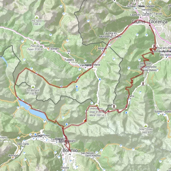 Miniatua del mapa de inspiración ciclista "Ruta de 117 km en bicicleta de grava desde Bormio hasta Passo dello Stelvio" en Lombardia, Italy. Generado por Tarmacs.app planificador de rutas ciclistas