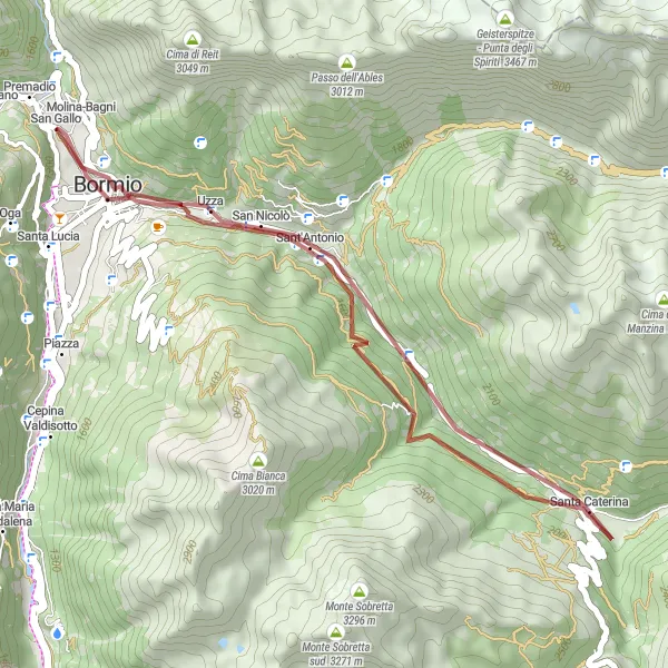 Zemljevid v pomanjšavi "Bormio - Santa Caterina - Niblogo" kolesarske inspiracije v Lombardia, Italy. Generirano z načrtovalcem kolesarskih poti Tarmacs.app