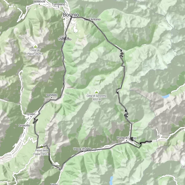 Miniatua del mapa de inspiración ciclista "Ruta escénica de 117 km desde Bormio a través de Passo di Gavia y Passo del Mortirolo" en Lombardia, Italy. Generado por Tarmacs.app planificador de rutas ciclistas