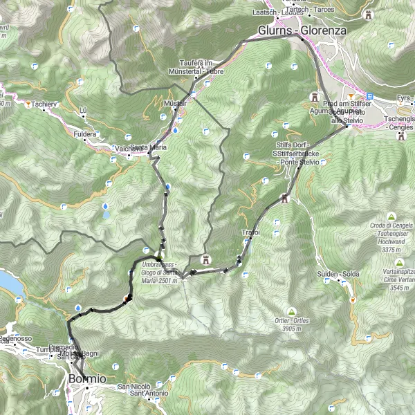 Miniatua del mapa de inspiración ciclista "Épica Ruta en Carretera por Stelvio y Gomagoi" en Lombardia, Italy. Generado por Tarmacs.app planificador de rutas ciclistas