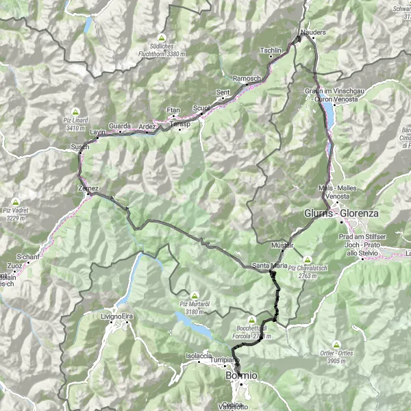 Kartminiatyr av "Alpene Passer - Bormio til Resia sykkelrute" sykkelinspirasjon i Lombardia, Italy. Generert av Tarmacs.app sykkelrutoplanlegger