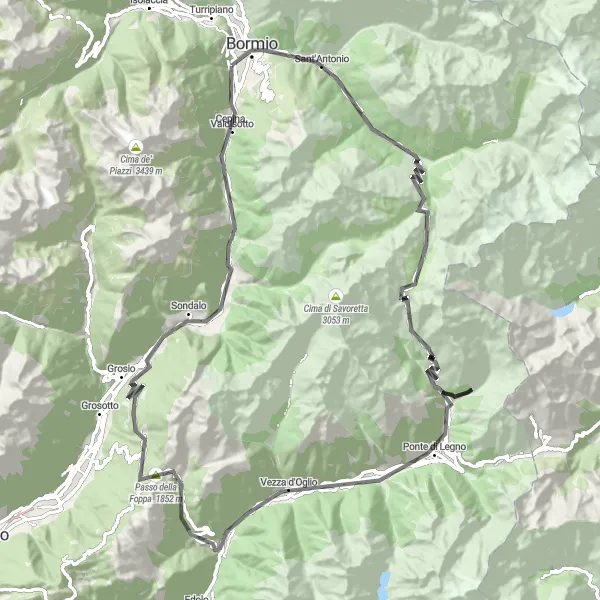 Mapa miniatúra "Panorámska cesta okolo Bormia" cyklistická inšpirácia v Lombardia, Italy. Vygenerované cyklistickým plánovačom trás Tarmacs.app