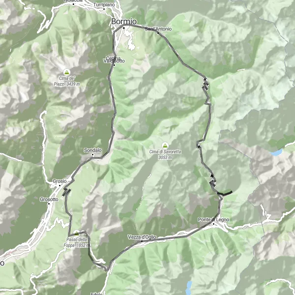 Miniatura della mappa di ispirazione al ciclismo "Giro in bici da Bormio a Santa Caterina e Passo di Gavia" nella regione di Lombardia, Italy. Generata da Tarmacs.app, pianificatore di rotte ciclistiche