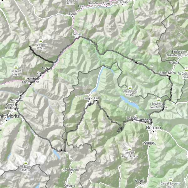 Kartminiatyr av "Sveits til Italia via Berninapass og Umbrailpass" sykkelinspirasjon i Lombardia, Italy. Generert av Tarmacs.app sykkelrutoplanlegger