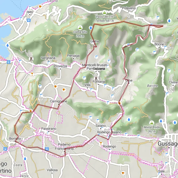 Miniatuurkaart van de fietsinspiratie "Gravelroute van Bornato naar Paderno Franciacorta" in Lombardia, Italy. Gemaakt door de Tarmacs.app fietsrouteplanner