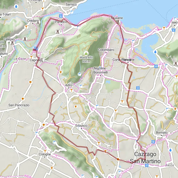 Miniaturní mapa "Gravelová výprava kolem Monte Orfano" inspirace pro cyklisty v oblasti Lombardia, Italy. Vytvořeno pomocí plánovače tras Tarmacs.app