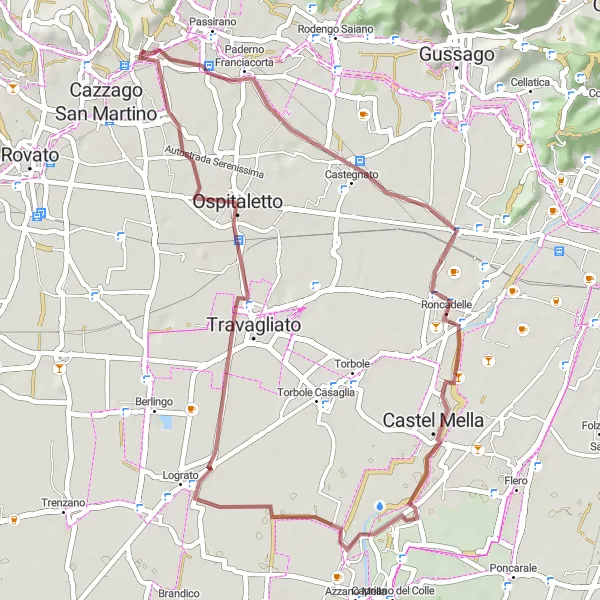 Kartminiatyr av "Opplev landsbyliv og natur langs grusveier" sykkelinspirasjon i Lombardia, Italy. Generert av Tarmacs.app sykkelrutoplanlegger