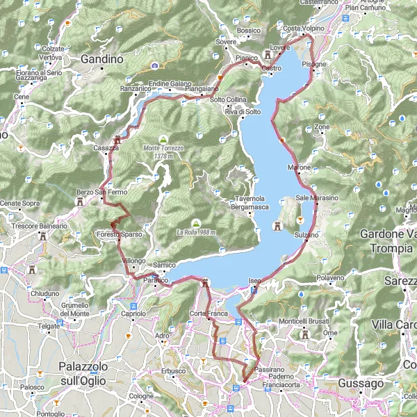 Kartminiatyr av "Gruset eventyr til Lovere, Sulzano og Monte di Fantecolo" sykkelinspirasjon i Lombardia, Italy. Generert av Tarmacs.app sykkelrutoplanlegger