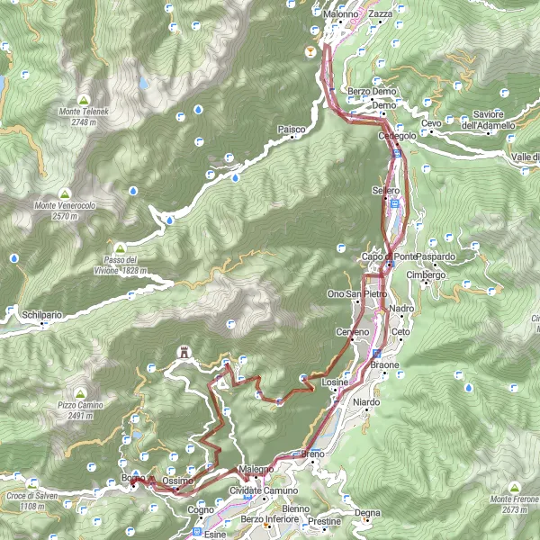 Miniatua del mapa de inspiración ciclista "Ruta de Grava por los Alrededores de Borno" en Lombardia, Italy. Generado por Tarmacs.app planificador de rutas ciclistas