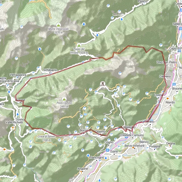 Map miniature of "Mountainous Gravel Delight" cycling inspiration in Lombardia, Italy. Generated by Tarmacs.app cycling route planner